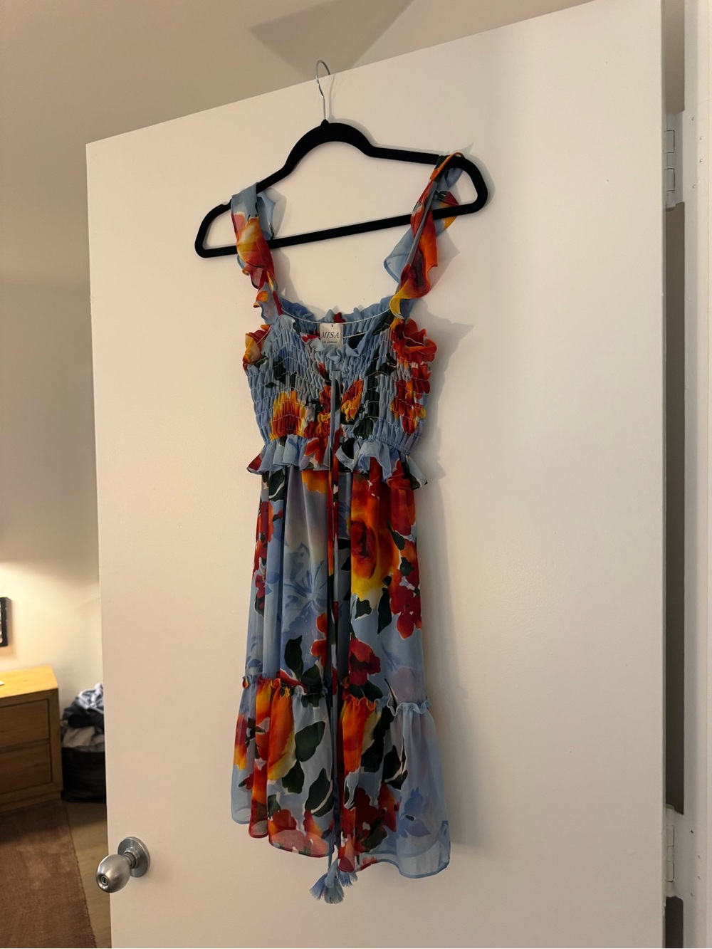 Misa Los Angeles Light Blue Floral Mini Dress with Red & Orange Blooms